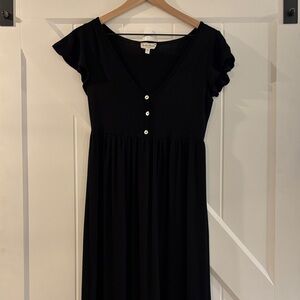 See You Monday Black V-Neck Midi Dress with Button Detail